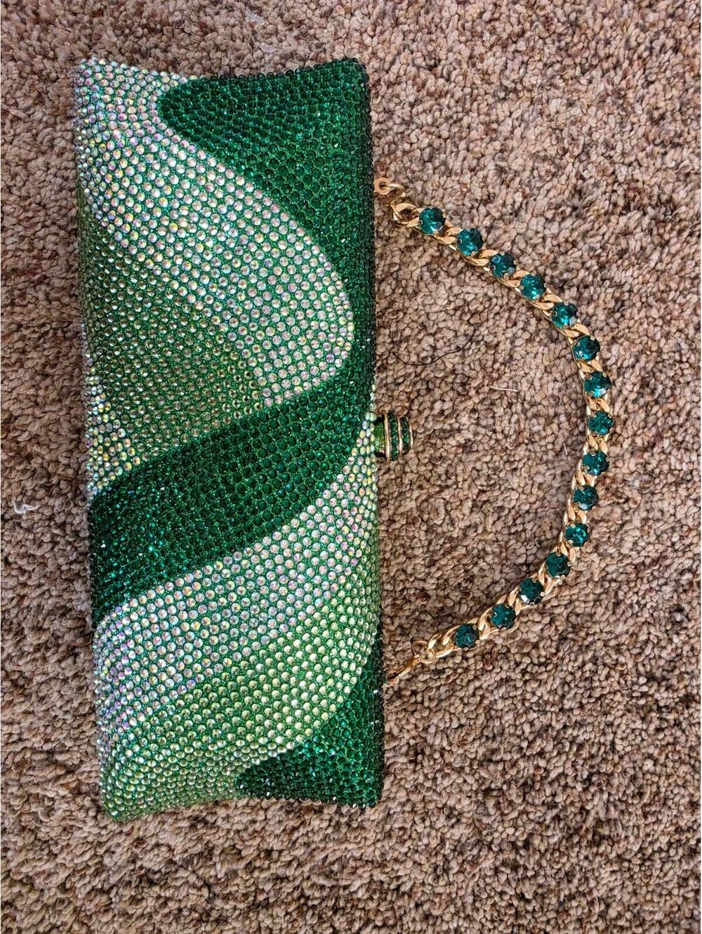 Green Crystal Evening Clutch Bag with Gold Chain